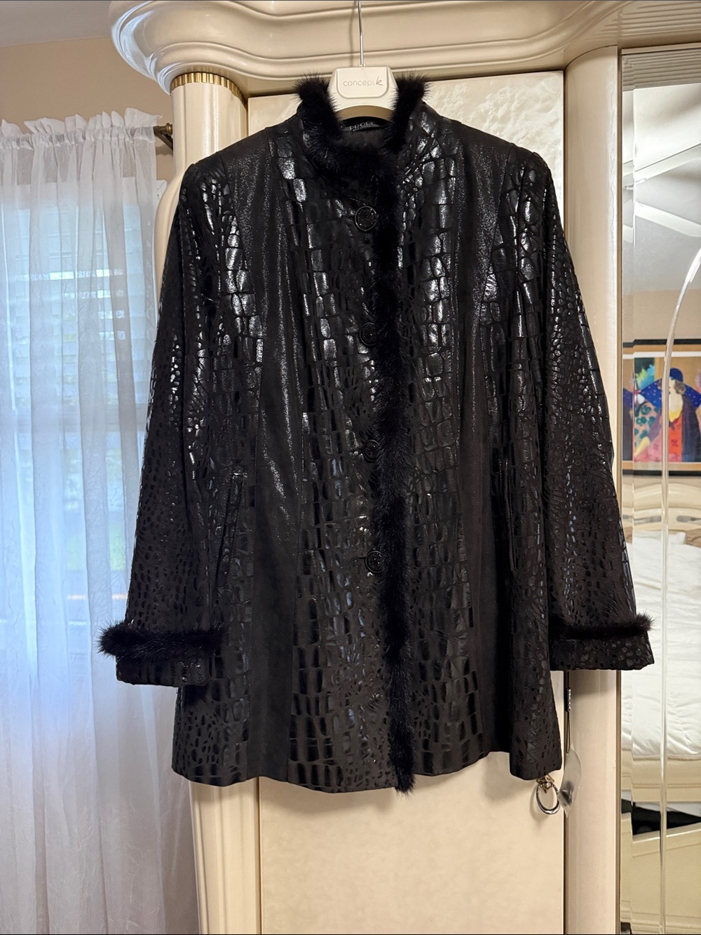Black Faux-Croc Cropped Leather Jacket with Fur Trim